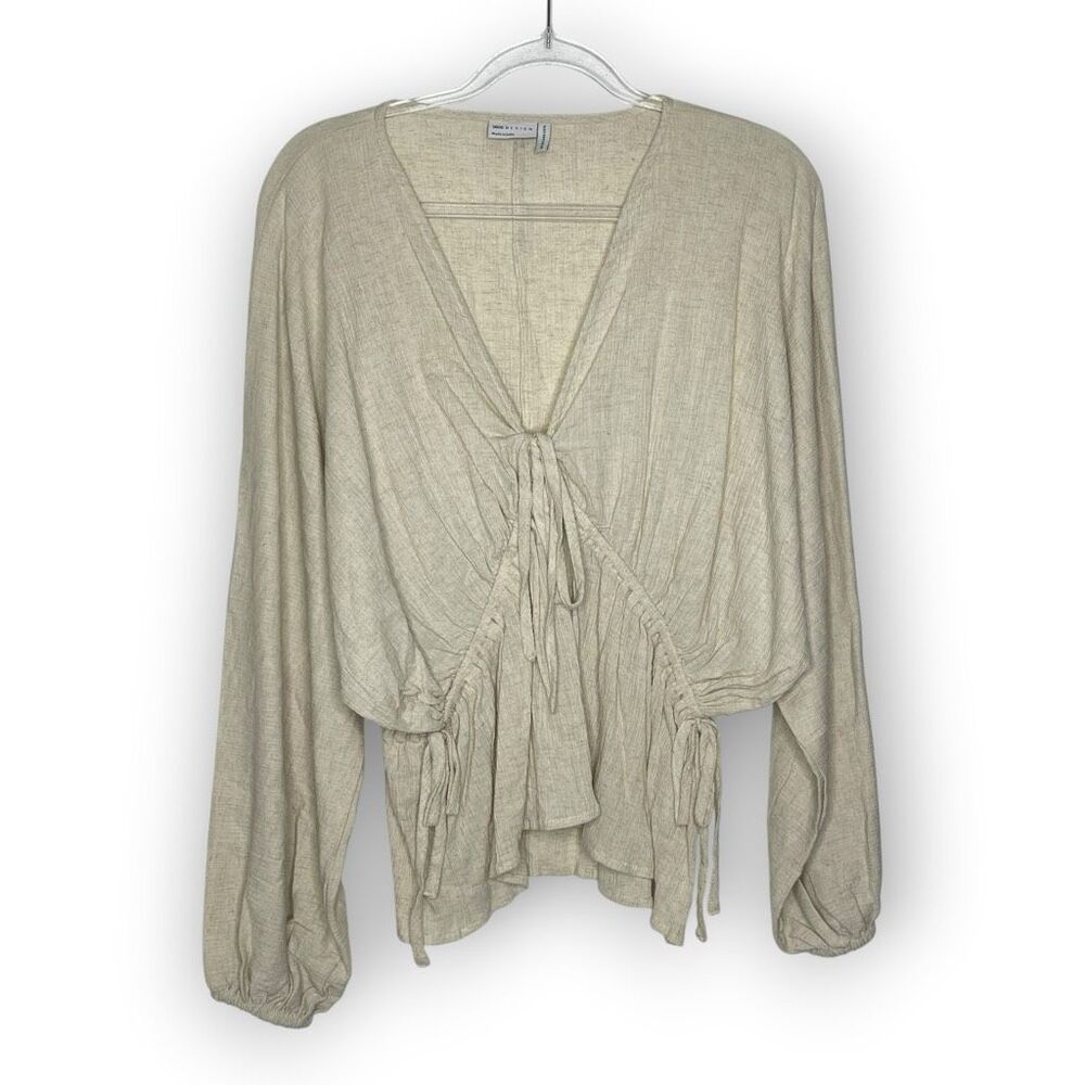 ASOS Design Peasant Boho Shirt Ivory Crinkle Linen Cotton Blouse Top Women Sz 14